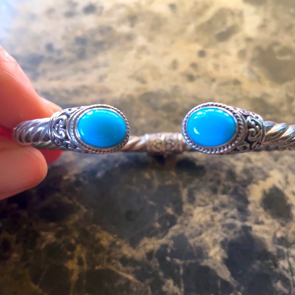 Samuel B. Sterling Silver 18K Gold with Turquoise Stones Hinged Cuff Bracelet - Picture 8 of 9
